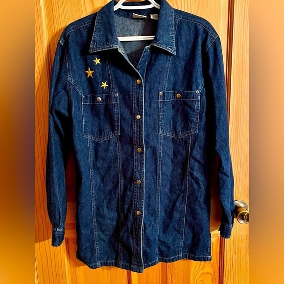 Crossroads Denim Shirt Shacket Painted Embroidered Eagle Stars Snap Closure VTG - Picture 1 of 16